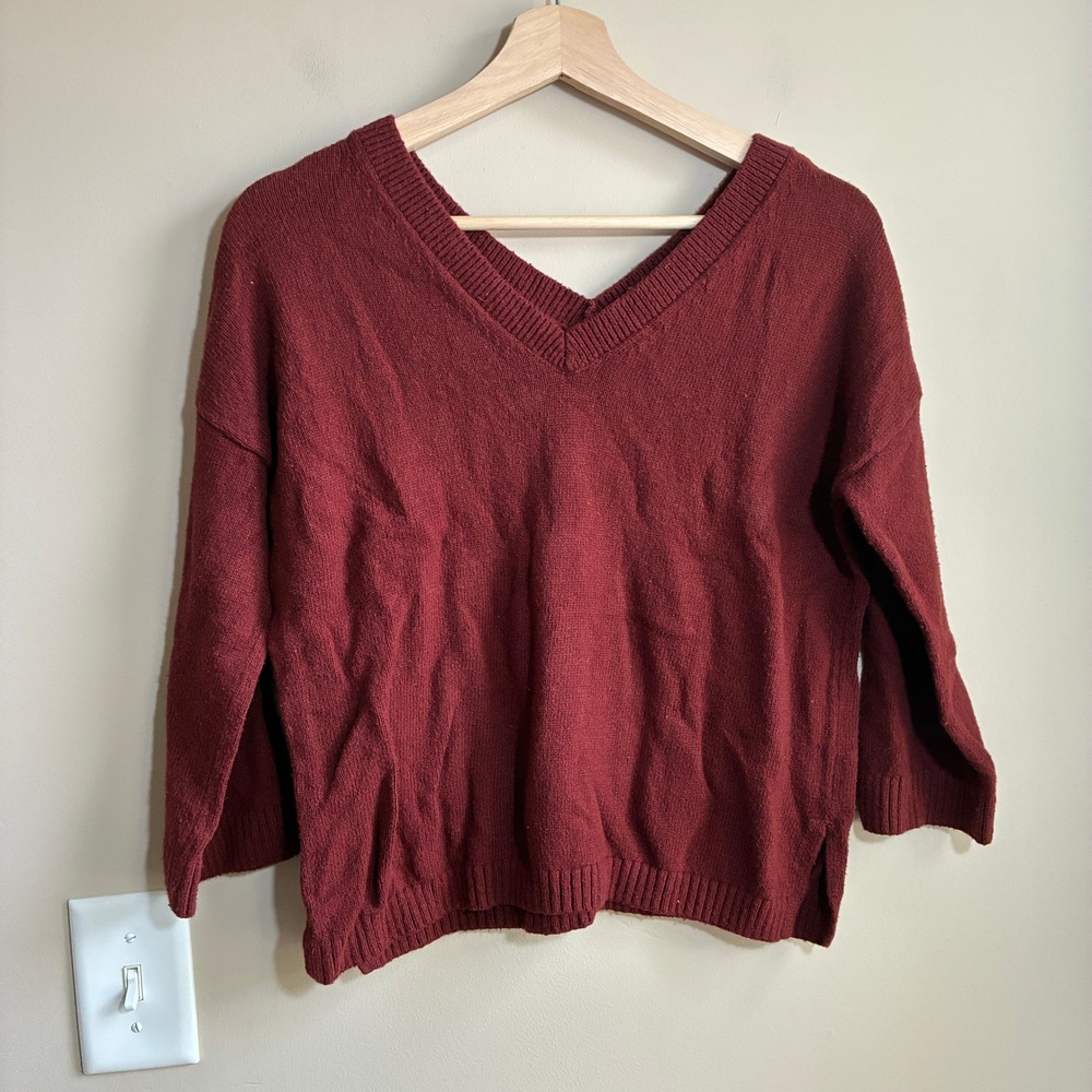 Madewell Double V-Neck Pullover Sweater XXS Burgundy Womens Relaxed Knit